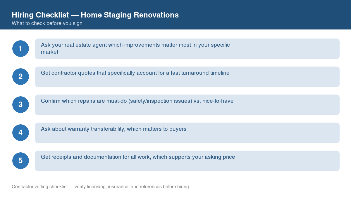 Numbered checklist of questions to ask before hiring a contractor for home staging renovations