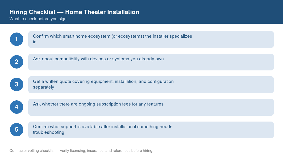 Numbered checklist of questions to ask before hiring a contractor for home theater installation