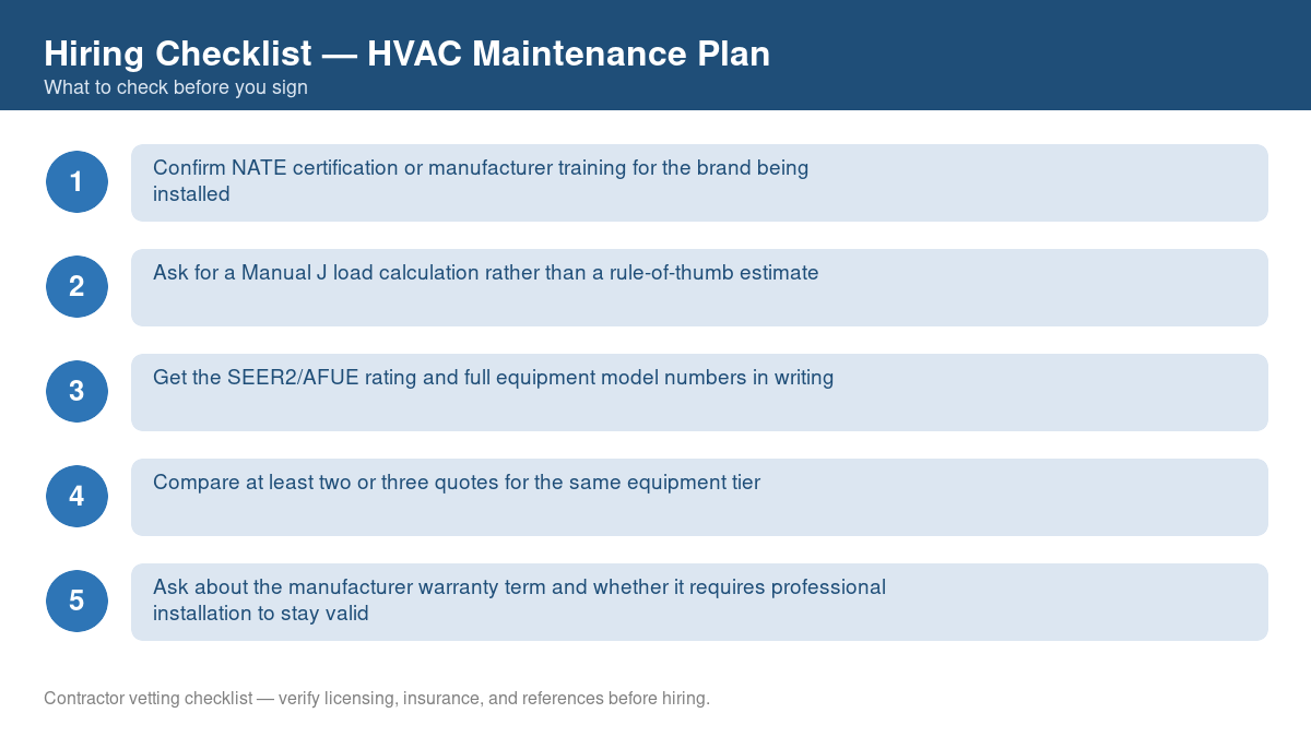 Numbered checklist of questions to ask before hiring a contractor for HVAC maintenance plan