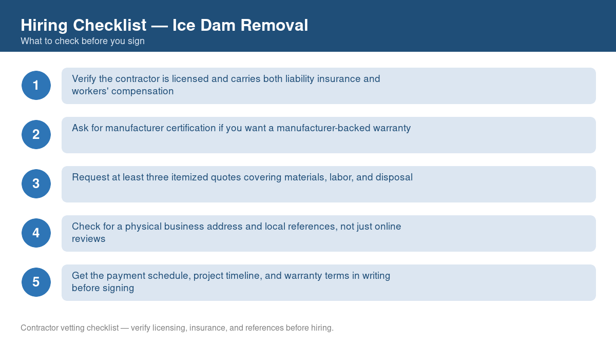 Numbered checklist of questions to ask before hiring a contractor for ice dam removal