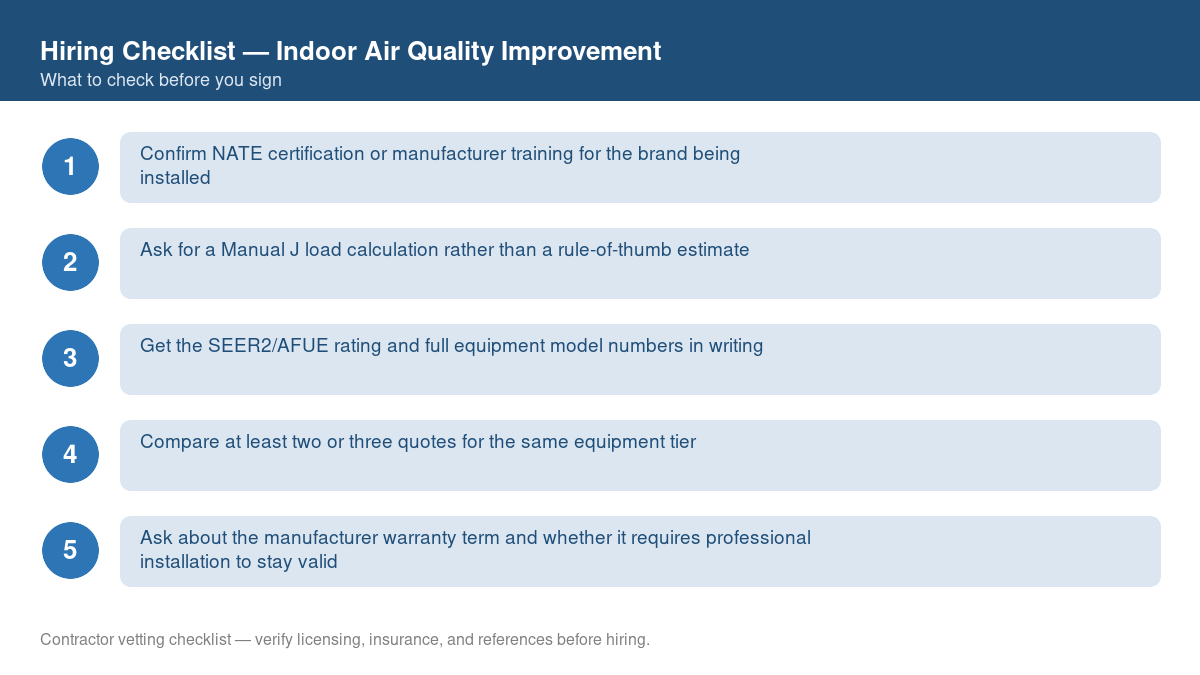 Numbered checklist of questions to ask before hiring a contractor for indoor air quality improvement