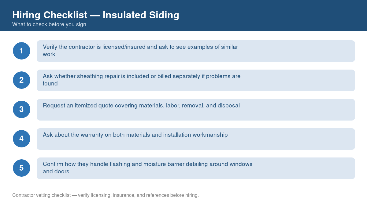 Numbered checklist of questions to ask before hiring a contractor for insulated siding