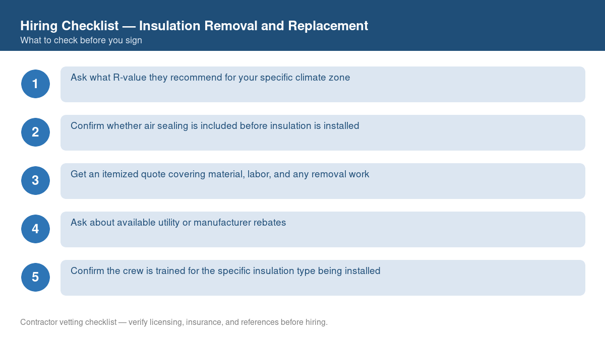 Numbered checklist of questions to ask before hiring a contractor for insulation removal and replacement