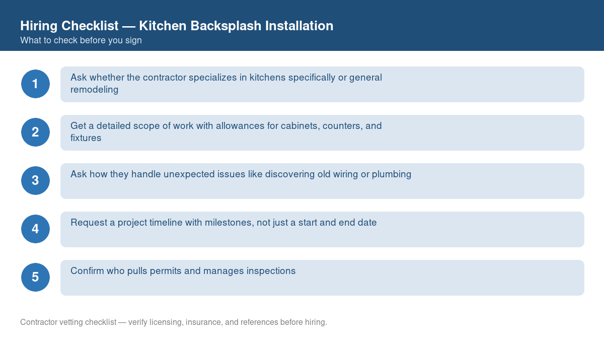 Numbered checklist of questions to ask before hiring a contractor for kitchen backsplash installation