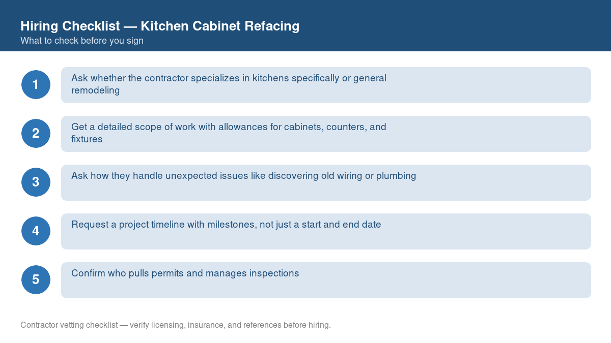 Numbered checklist of questions to ask before hiring a contractor for kitchen cabinet refacing