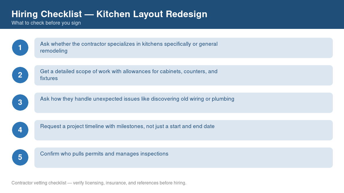 Numbered checklist of questions to ask before hiring a contractor for kitchen layout redesign