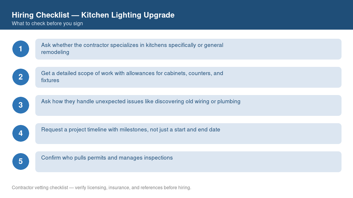 Numbered checklist of questions to ask before hiring a contractor for kitchen lighting upgrade