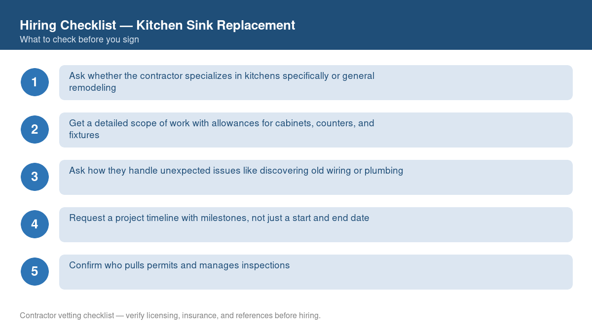 Numbered checklist of questions to ask before hiring a contractor for kitchen sink replacement