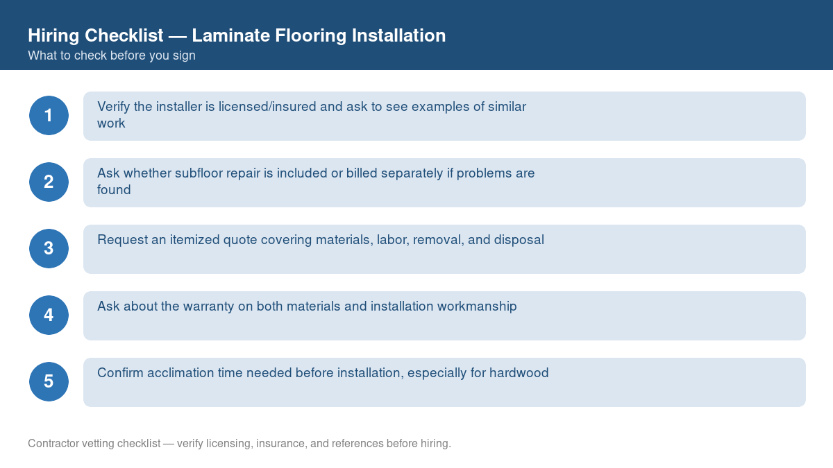 Numbered checklist of questions to ask before hiring a contractor for laminate flooring installation