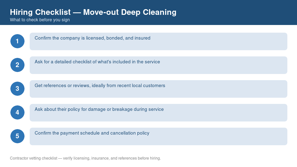 Numbered checklist of questions to ask before hiring a contractor for move-out deep cleaning