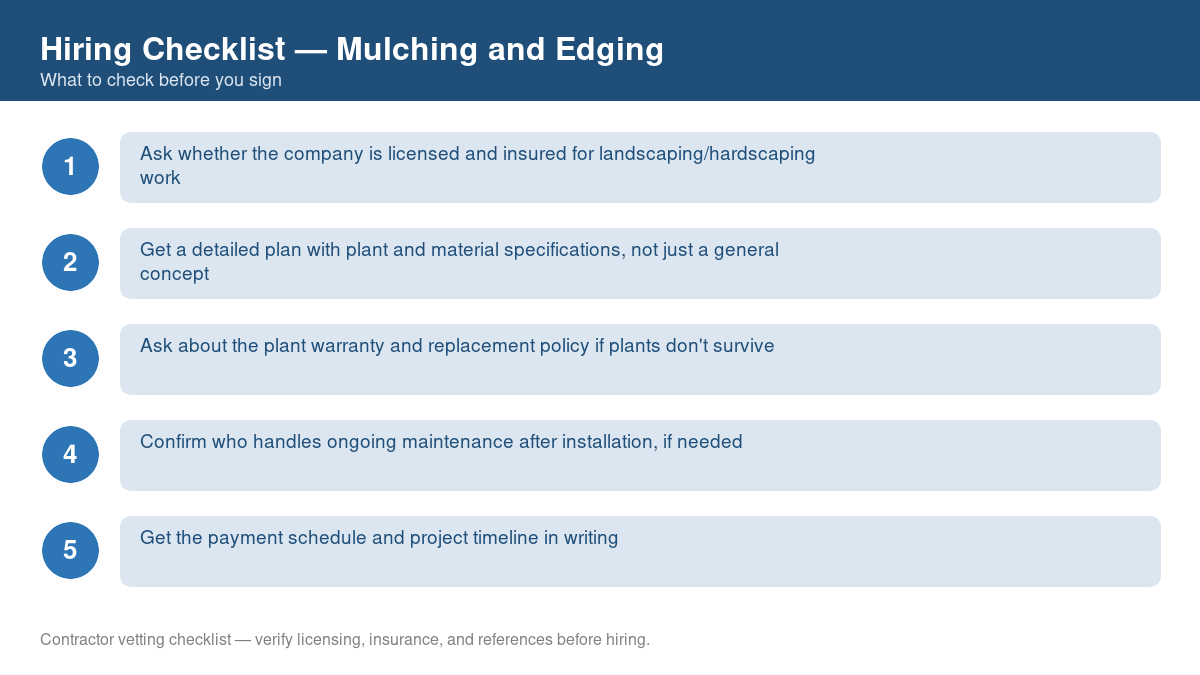 Numbered checklist of questions to ask before hiring a contractor for mulching and edging