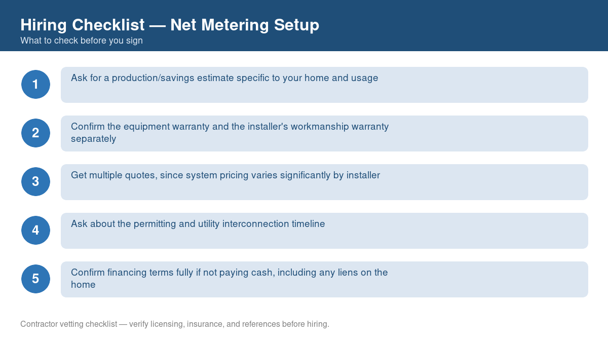 Numbered checklist of questions to ask before hiring a contractor for net metering setup