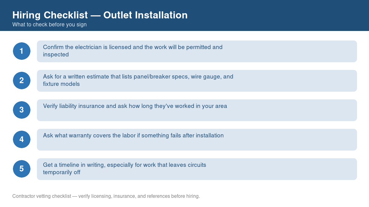 Numbered checklist of questions to ask before hiring a contractor for outlet installation