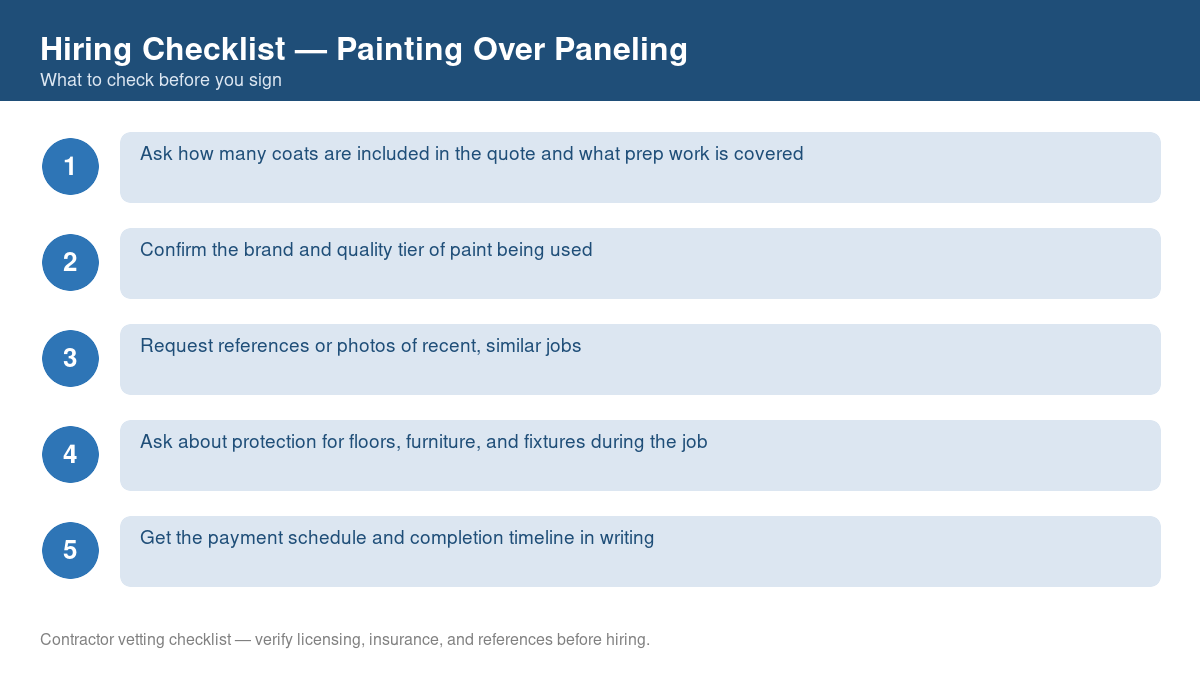 Numbered checklist of questions to ask before hiring a contractor for painting over paneling