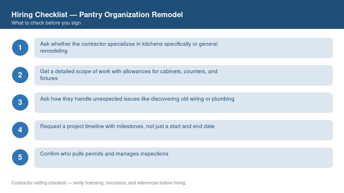 Numbered checklist of questions to ask before hiring a contractor for pantry organization remodel