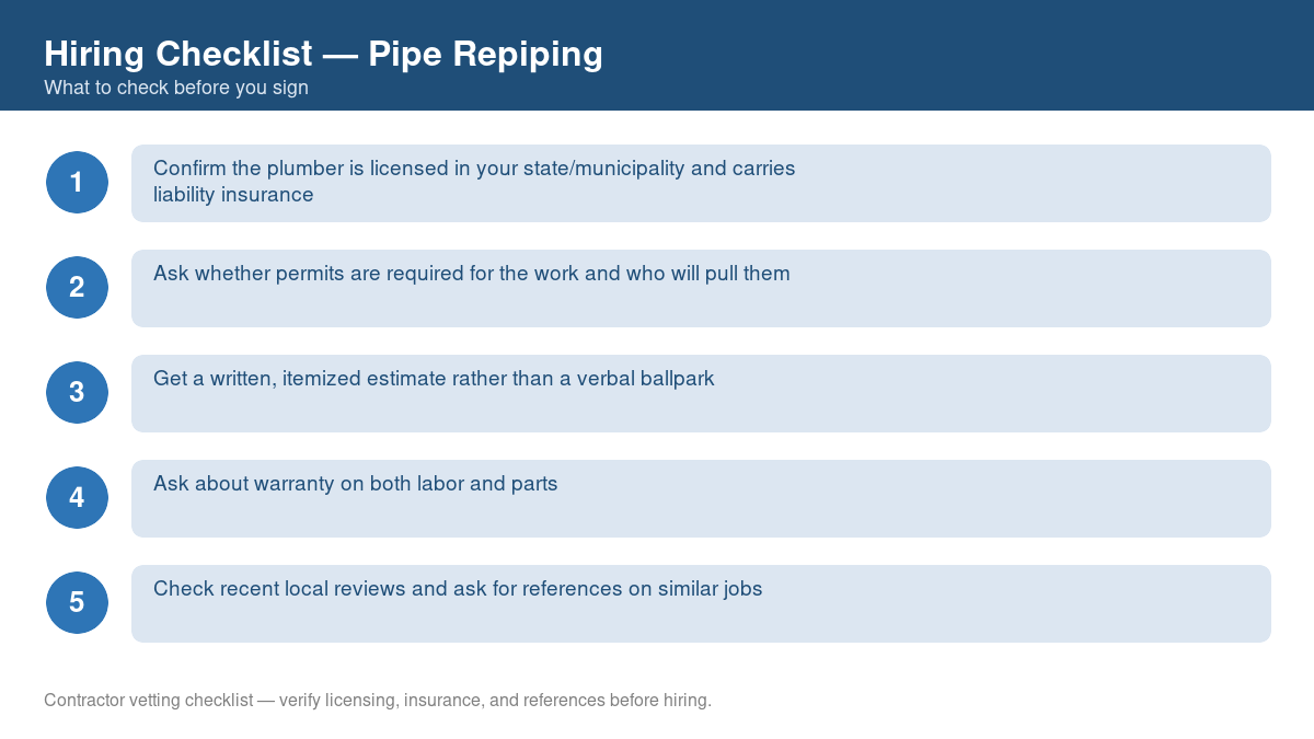 Numbered checklist of questions to ask before hiring a contractor for pipe repiping