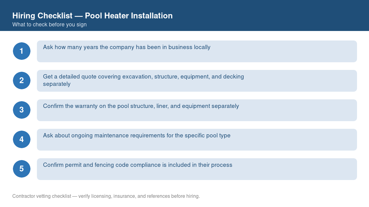 Numbered checklist of questions to ask before hiring a contractor for pool heater installation