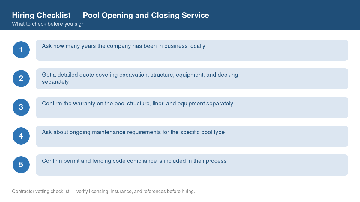 Numbered checklist of questions to ask before hiring a contractor for pool opening and closing service