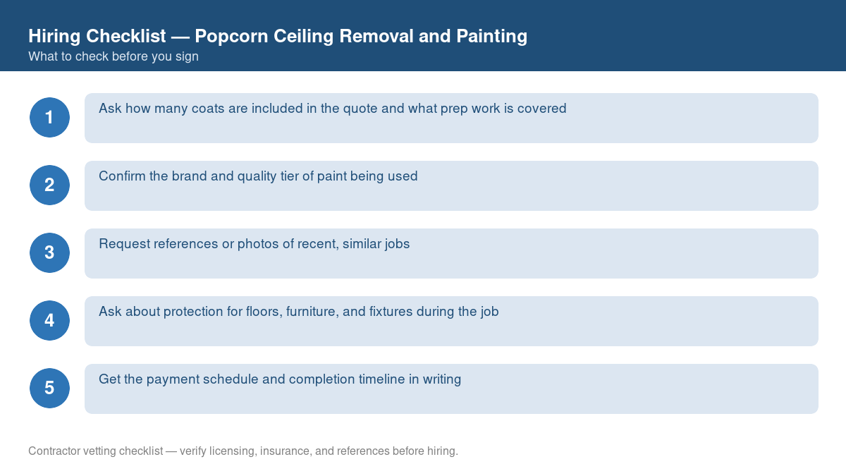 Numbered checklist of questions to ask before hiring a contractor for popcorn ceiling removal and painting