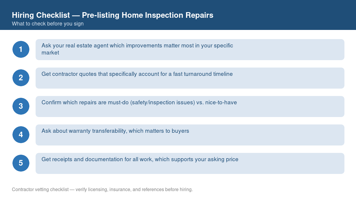 Numbered checklist of questions to ask before hiring a contractor for pre-listing home inspection repairs