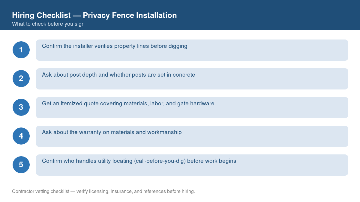 Numbered checklist of questions to ask before hiring a contractor for privacy fence installation