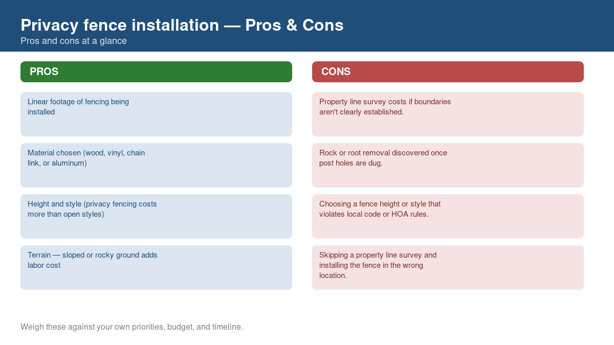 Pros and cons comparison chart for privacy fence installation