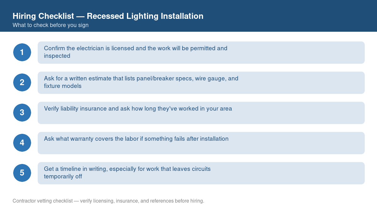Numbered checklist of questions to ask before hiring a contractor for recessed lighting installation