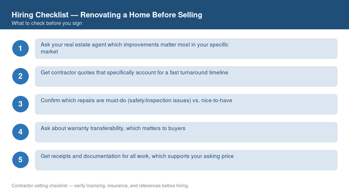 Numbered checklist of questions to ask before hiring a contractor for renovating a home before selling