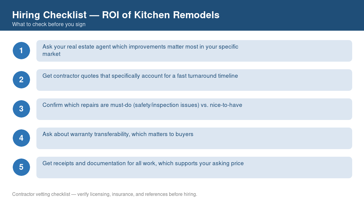 Numbered checklist of questions to ask before hiring a contractor for ROI of kitchen remodels