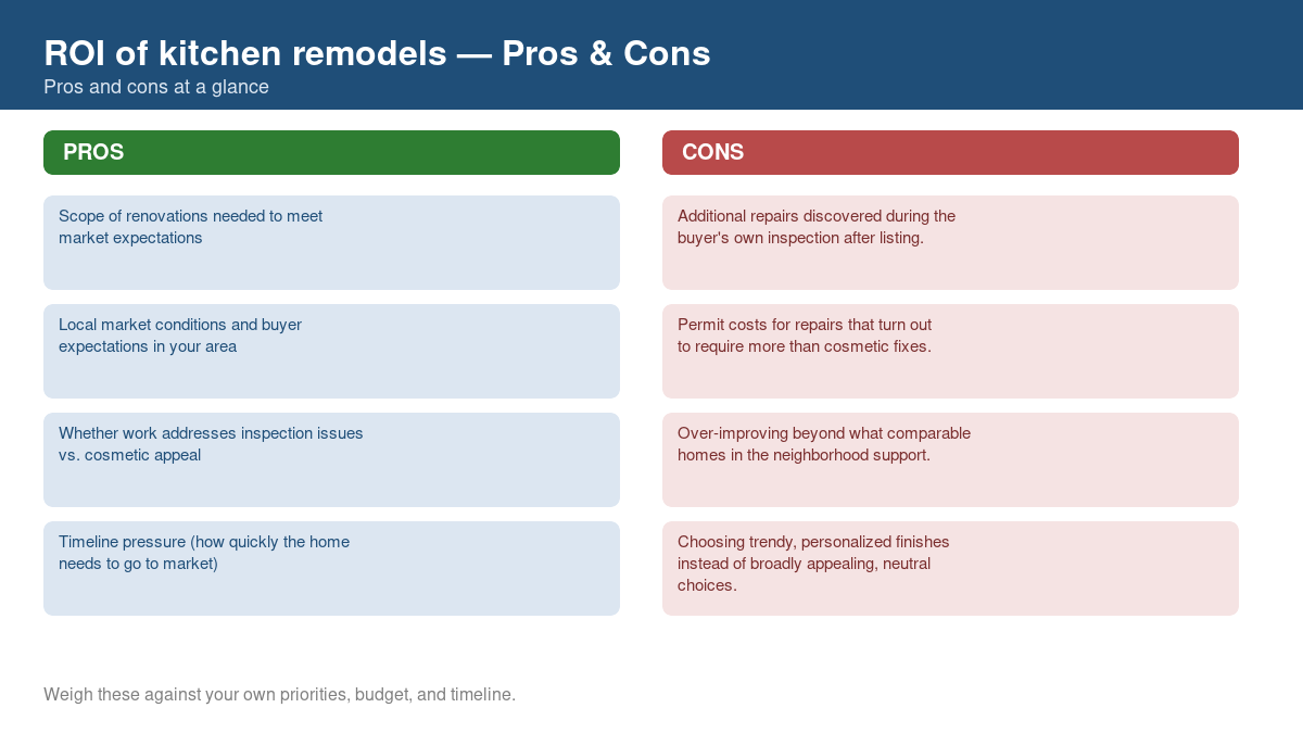 Pros and cons comparison chart for ROI of kitchen remodels