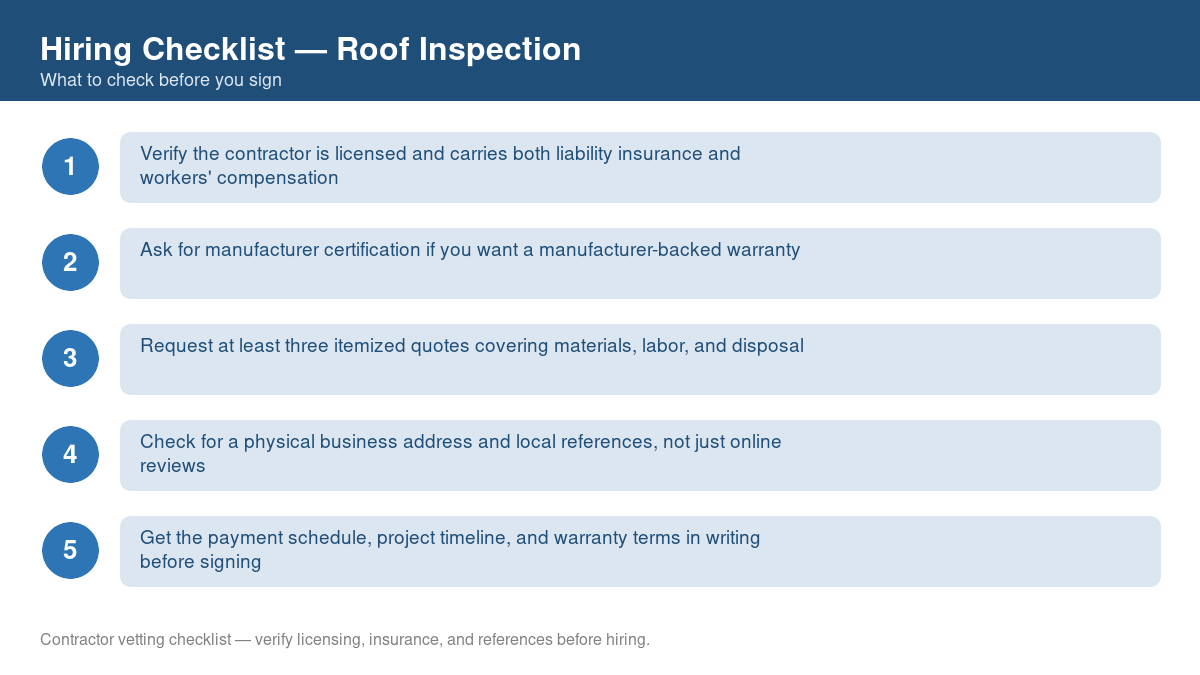 Numbered checklist of questions to ask before hiring a contractor for roof inspection