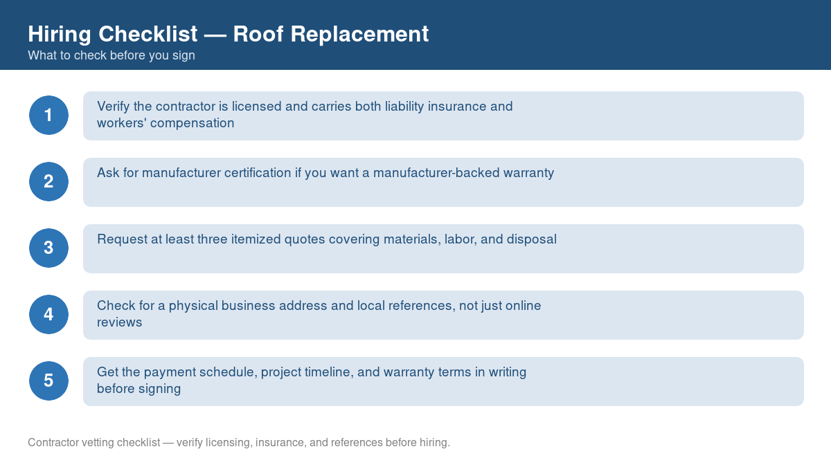 Numbered checklist of questions to ask before hiring a contractor for roof replacement