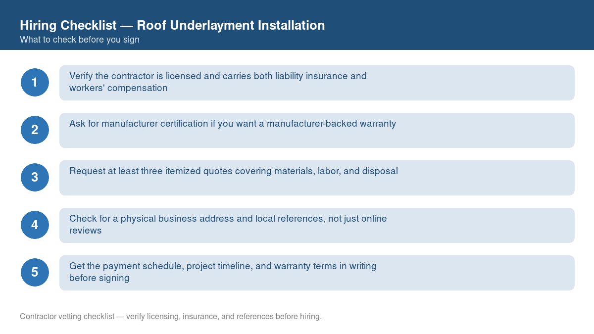 Numbered checklist of questions to ask before hiring a contractor for roof underlayment installation