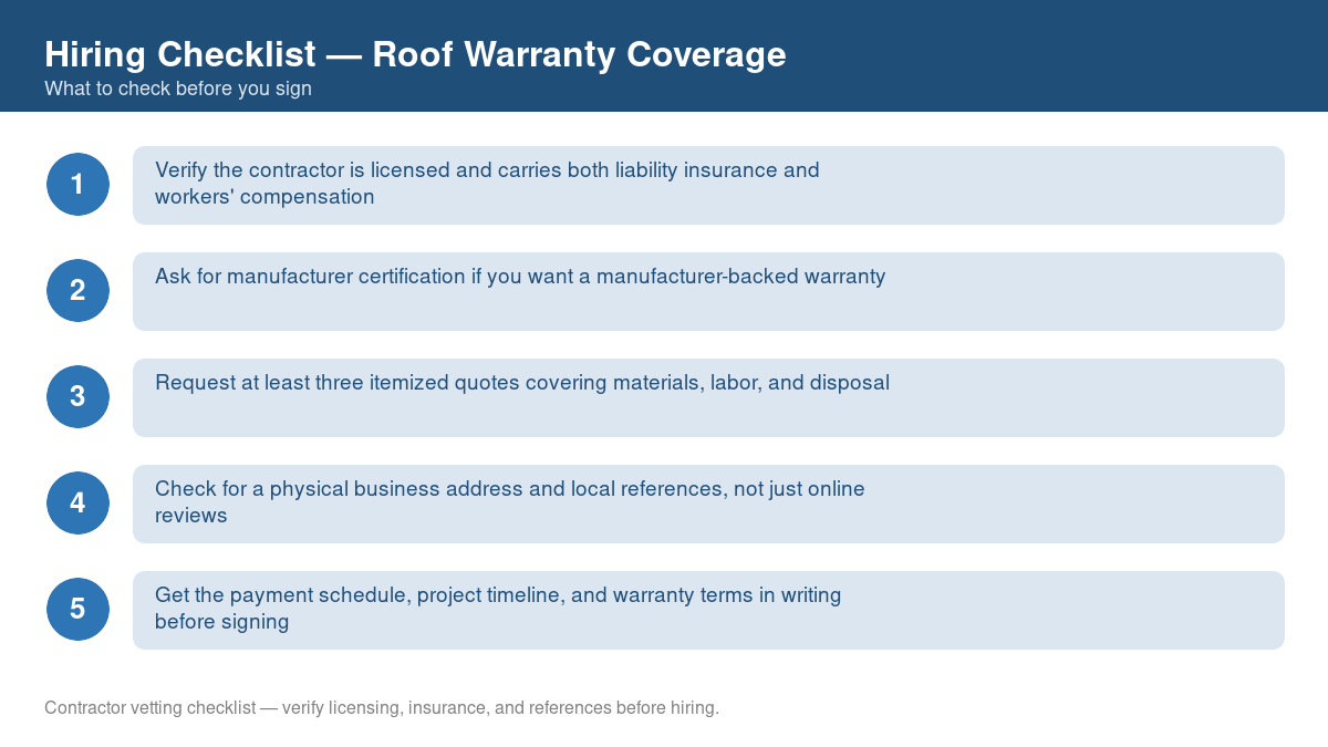 Numbered checklist of questions to ask before hiring a contractor for roof warranty coverage