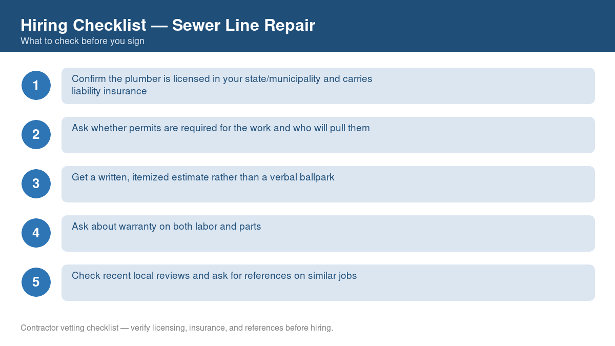 Numbered checklist of questions to ask before hiring a contractor for sewer line repair