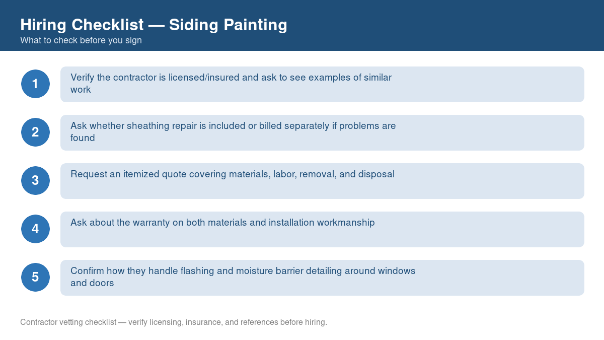 Numbered checklist of questions to ask before hiring a contractor for siding painting