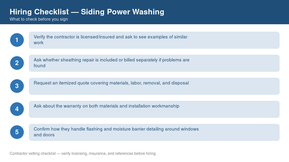 Numbered checklist of questions to ask before hiring a contractor for siding power washing