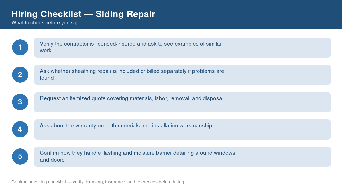 Numbered checklist of questions to ask before hiring a contractor for siding repair