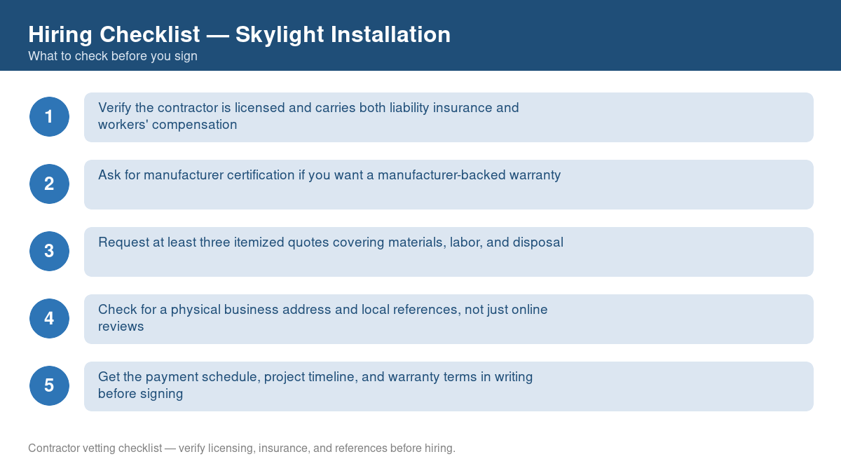 Numbered checklist of questions to ask before hiring a contractor for skylight installation