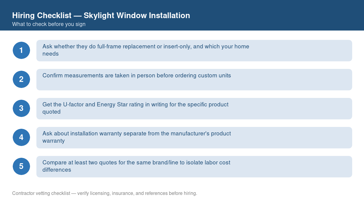 Numbered checklist of questions to ask before hiring a contractor for skylight window installation