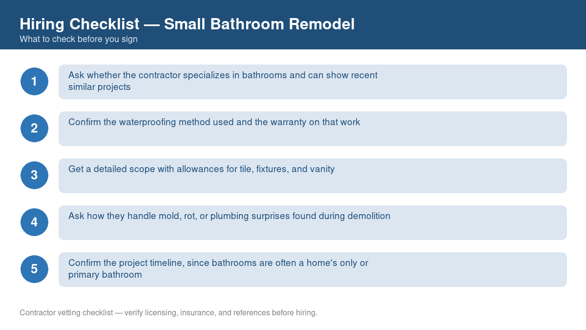 Numbered checklist of questions to ask before hiring a contractor for small bathroom remodel