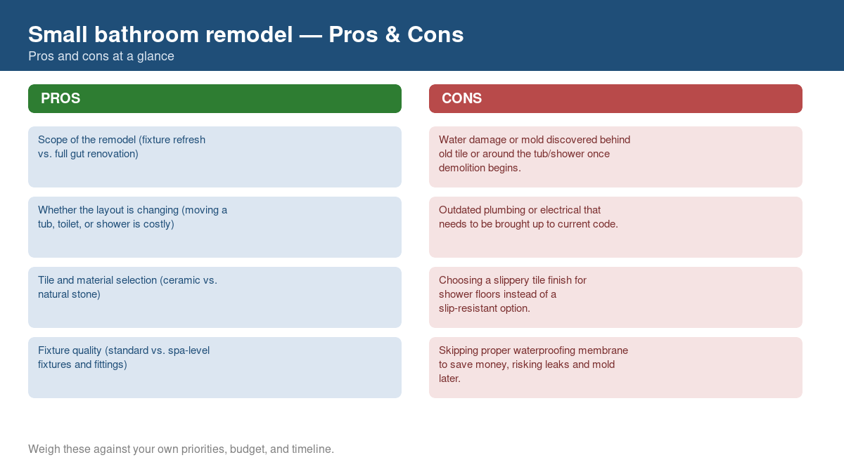 Pros and cons comparison chart for small bathroom remodel