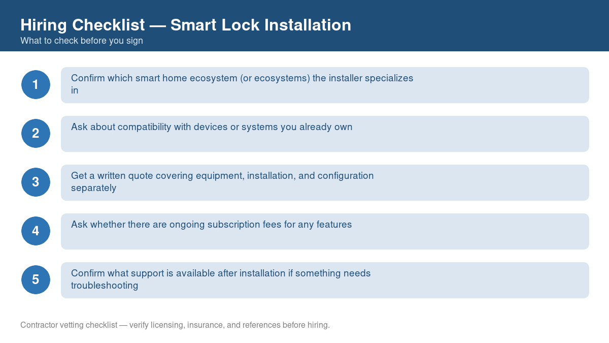 Numbered checklist of questions to ask before hiring a contractor for smart lock installation