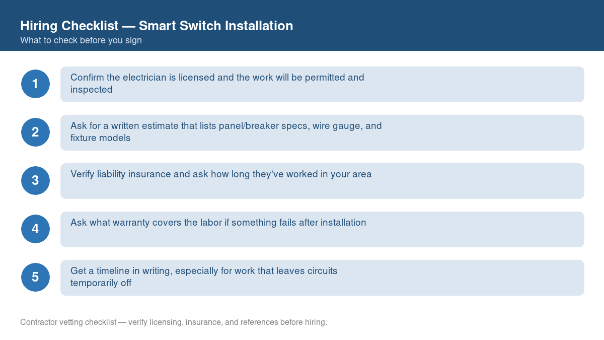 Numbered checklist of questions to ask before hiring a contractor for smart switch installation