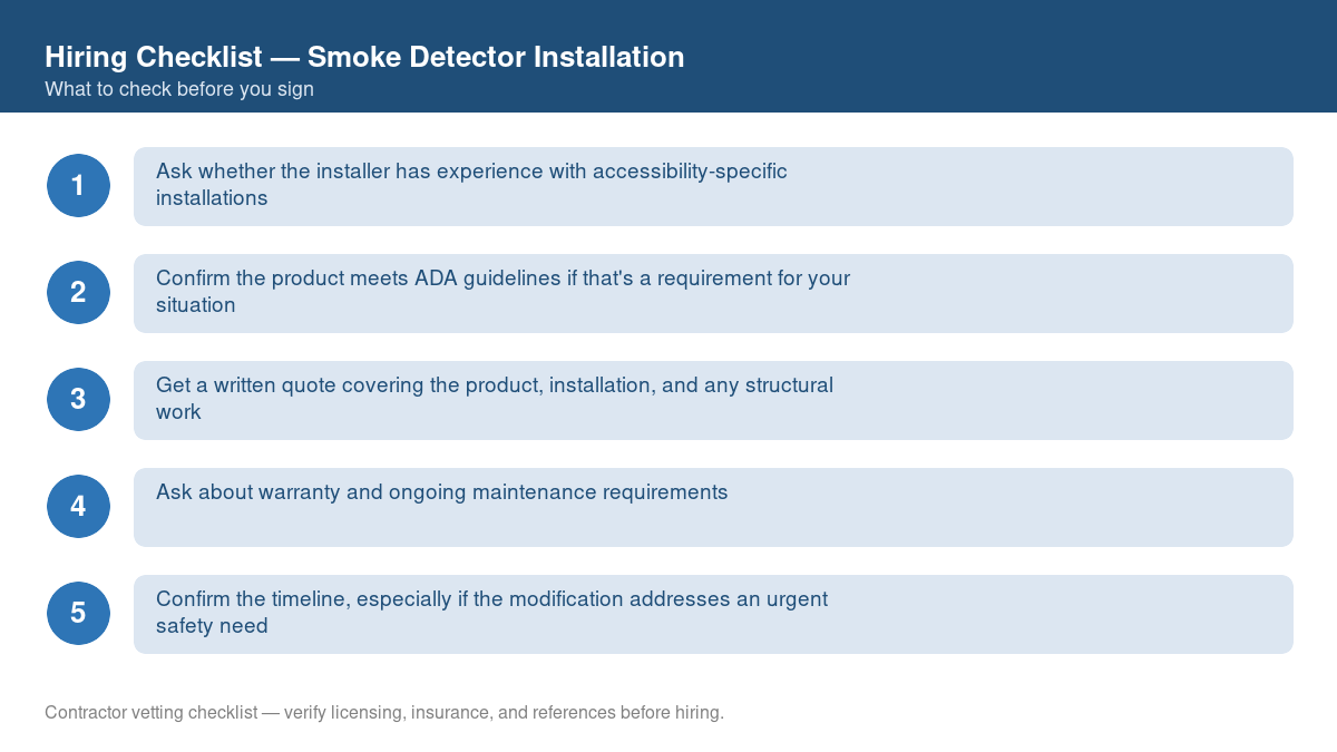 Numbered checklist of questions to ask before hiring a contractor for smoke detector installation