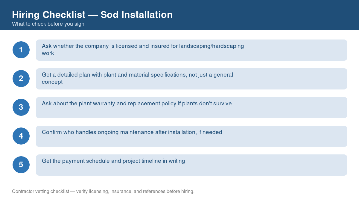 Numbered checklist of questions to ask before hiring a contractor for sod installation