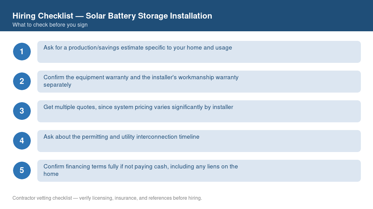 Numbered checklist of questions to ask before hiring a contractor for solar battery storage installation