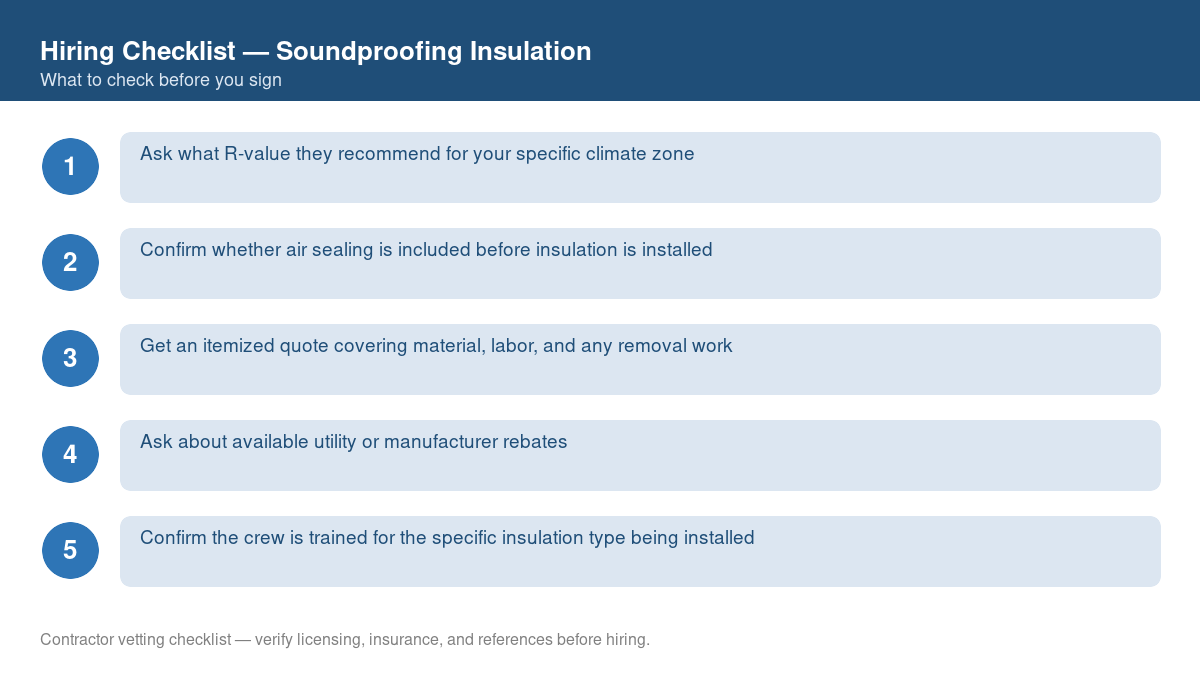 Numbered checklist of questions to ask before hiring a contractor for soundproofing insulation