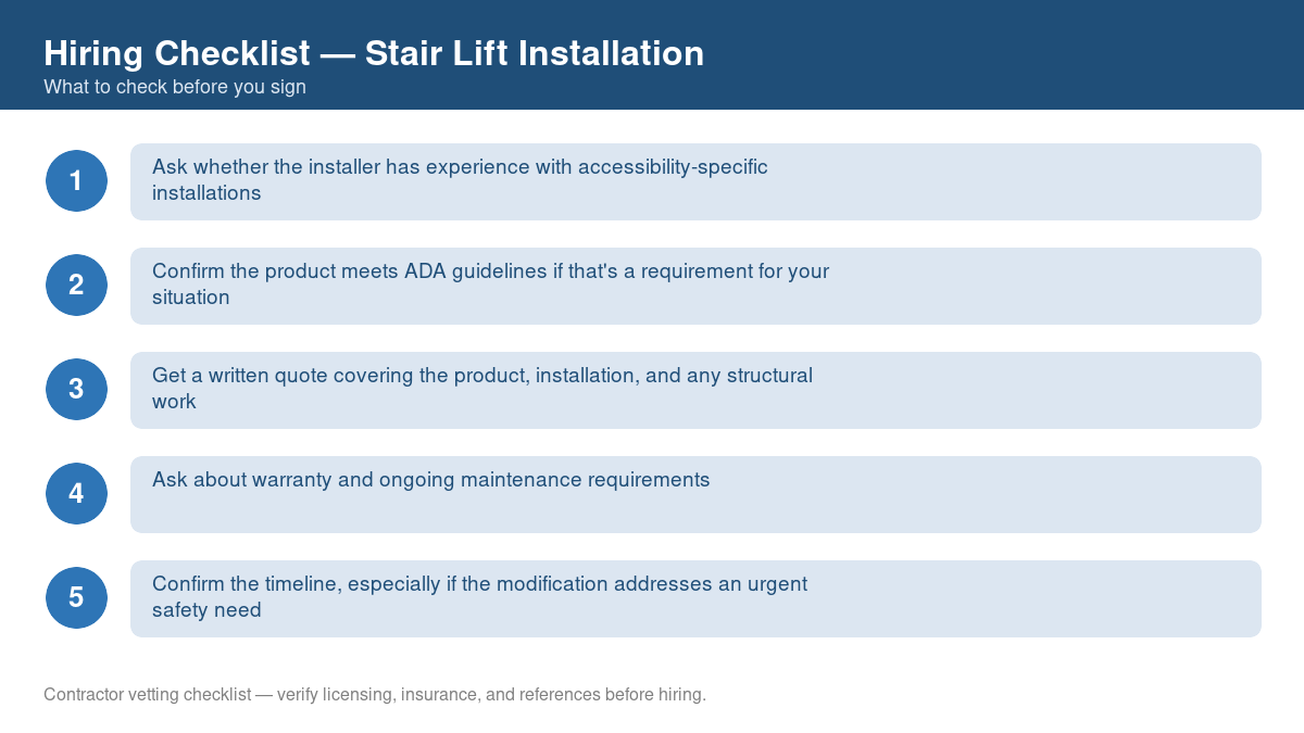 Numbered checklist of questions to ask before hiring a contractor for stair lift installation