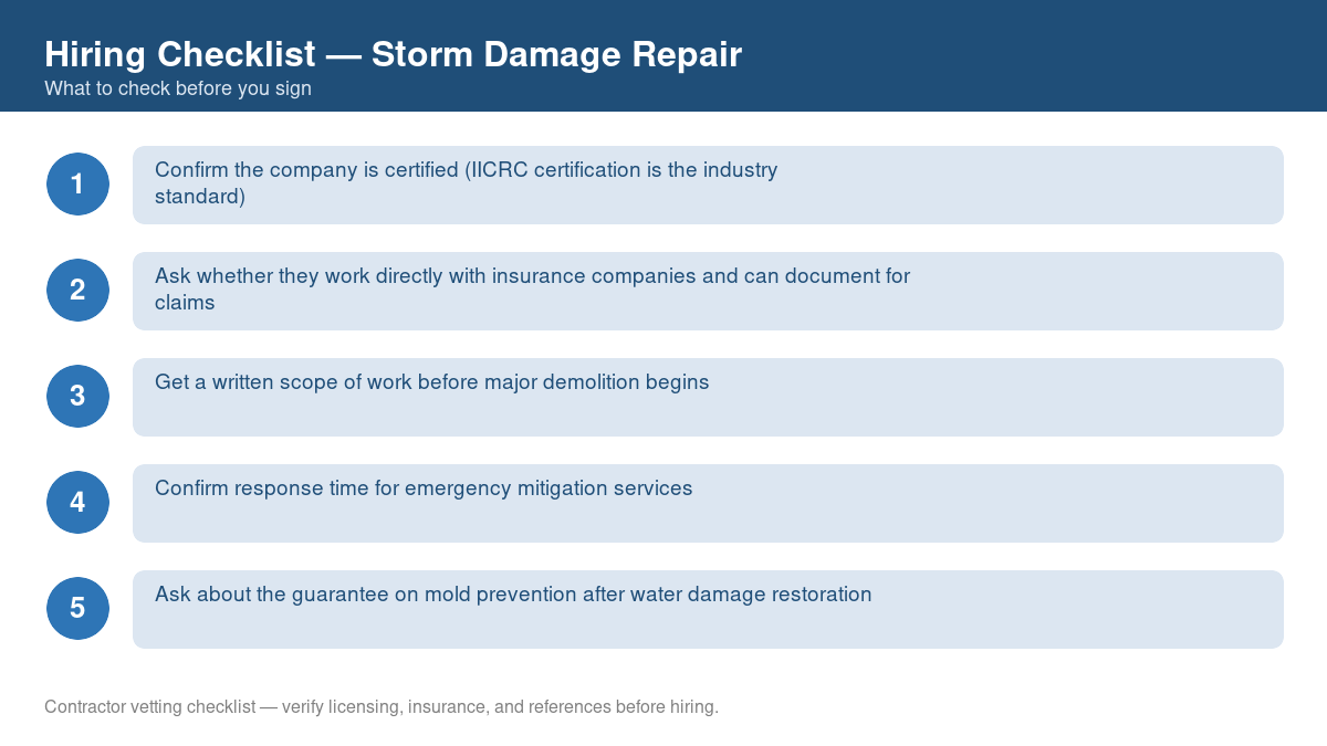 Numbered checklist of questions to ask before hiring a contractor for storm damage repair